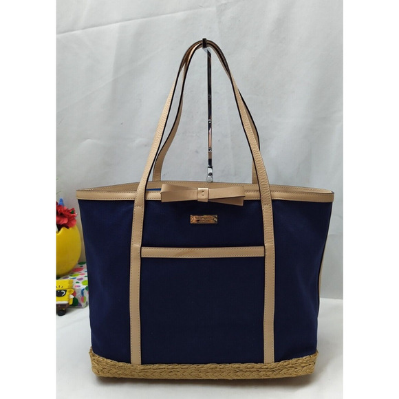 Kate Spade New York Blue Canvas Leather Trim Double Handles Large Tote Bag - Picture 1 of 14